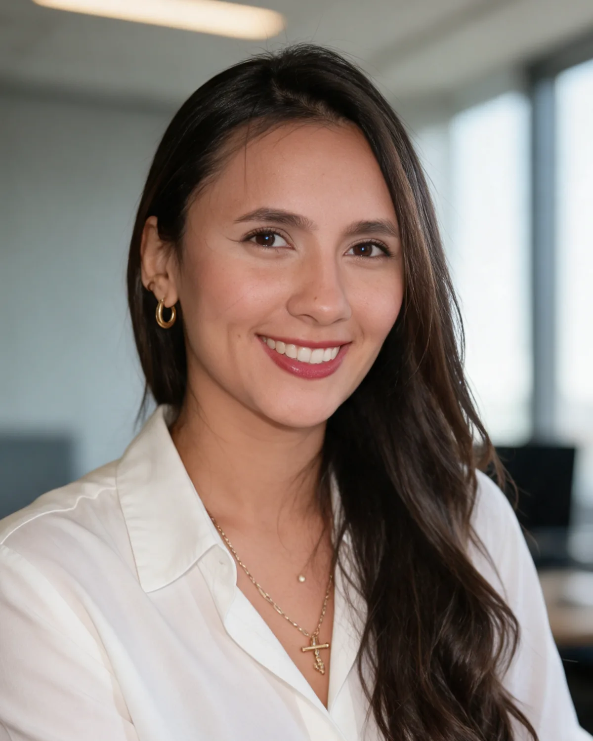Nathalia Bermúdez, cofundadora de Infito, sonriendo con blusa blanca.